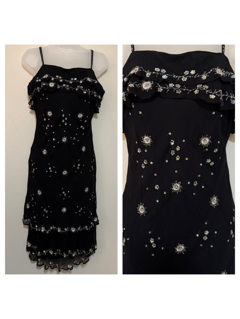 VTG Y2K ECI New York Floral Beaded Ruffle Black 100% Silk Dress Size 8
